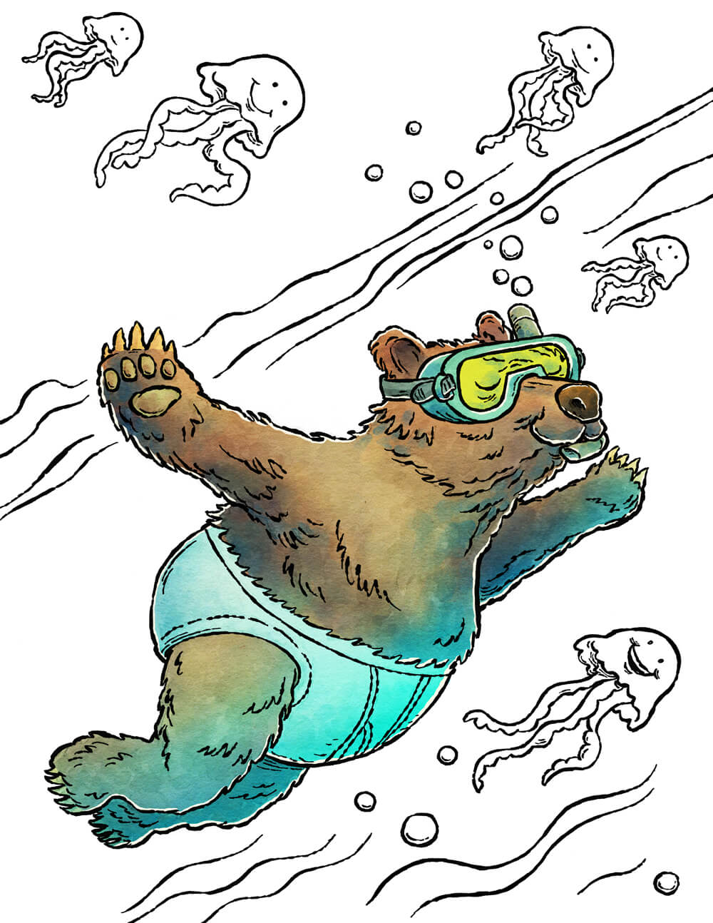Illustration of a brown bear swimming underwater, with bubbles rising and fish in the background.