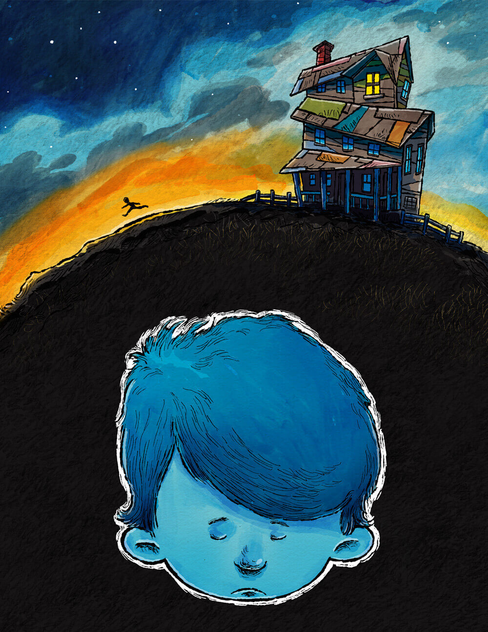 Illustration by Tom Shannon of a boy running away from home at sunrise.