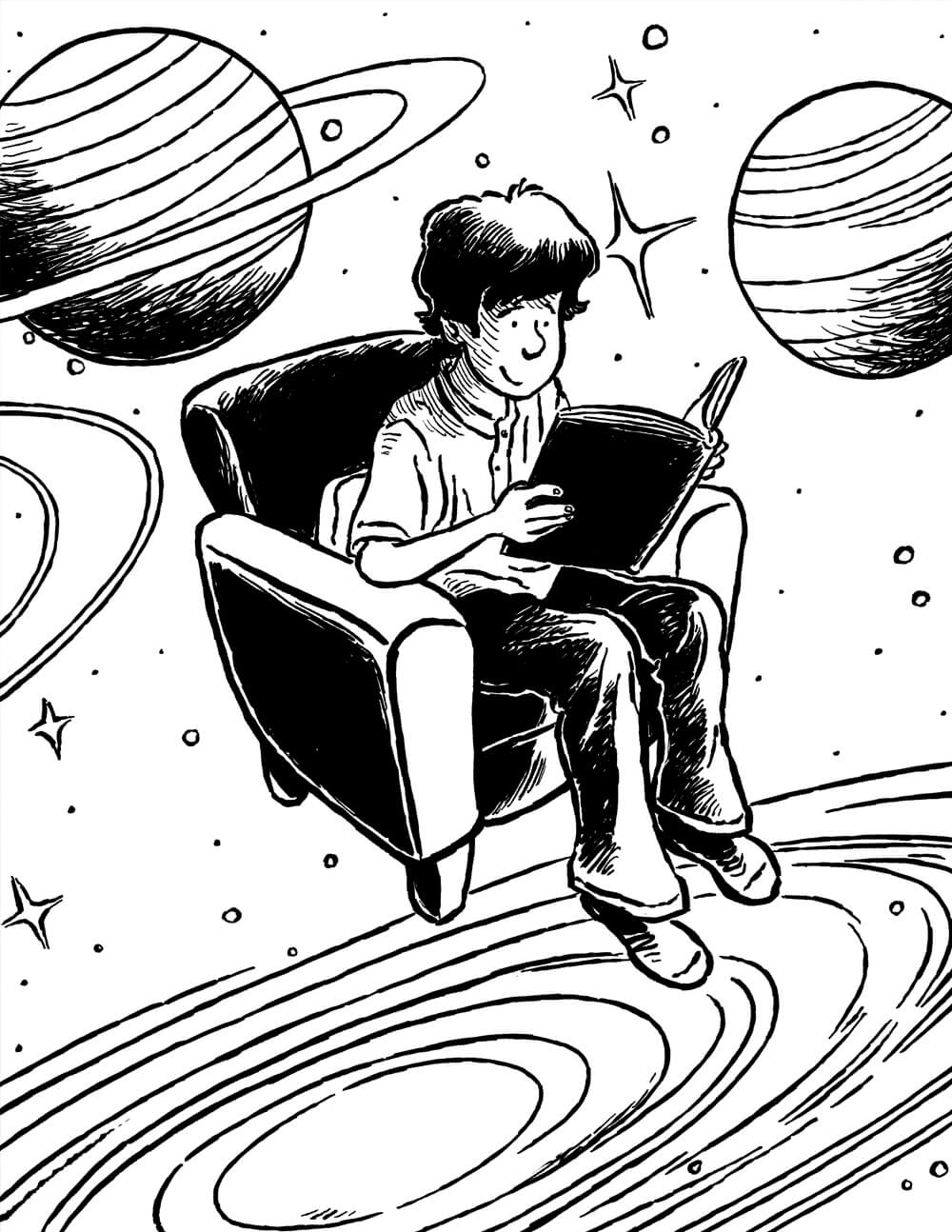 Illustration of a boy sitting in a chair, reading a book, and floating through a galaxy filled with stars., by Tom Shannon