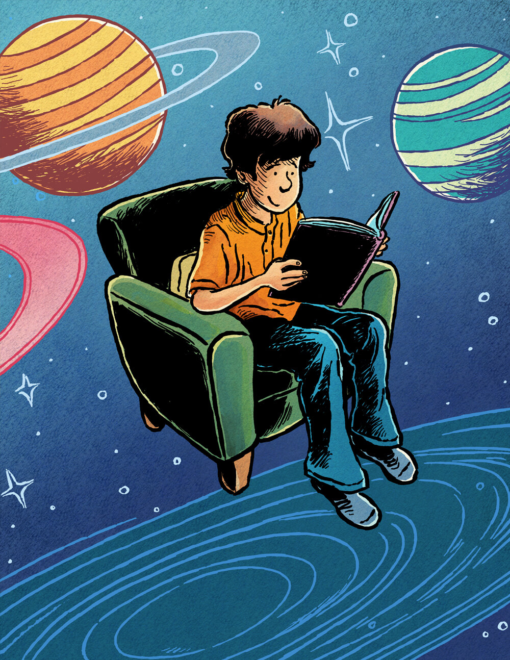 Illustration of a boy sitting in a chair, reading a book, and floating through a galaxy filled with stars., by Tom Shannon