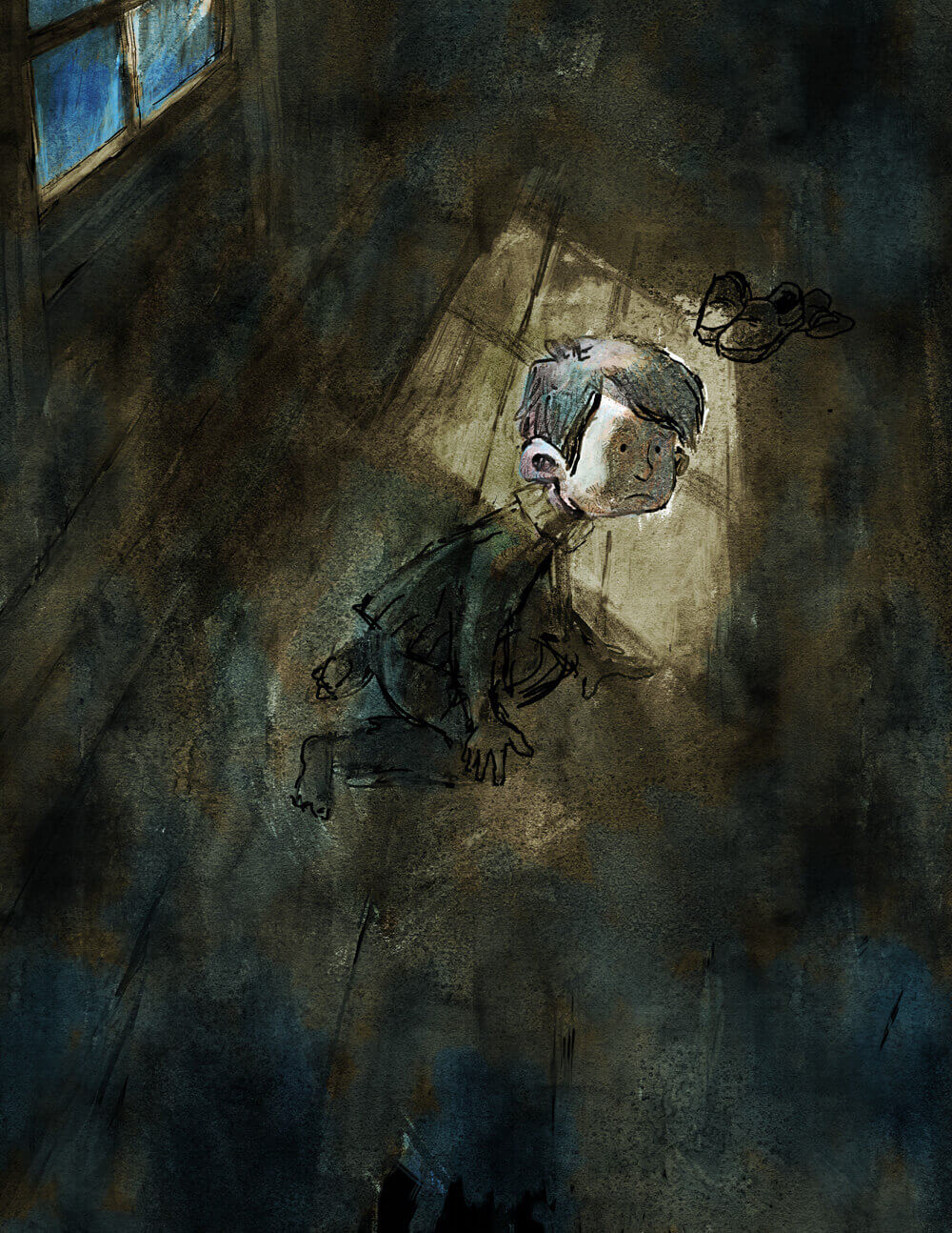 Illustration of a boy sitting alone in a dark room with a sad expression by Tom Shannon.