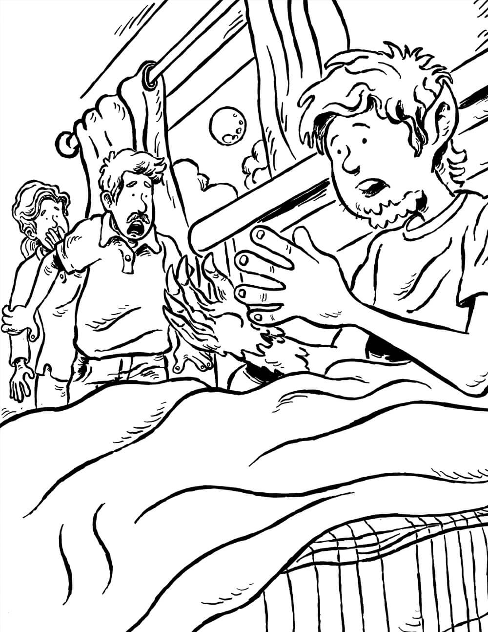 Adolescent wolf sitting up in bed halfway transformed, parents witnessing the moment.