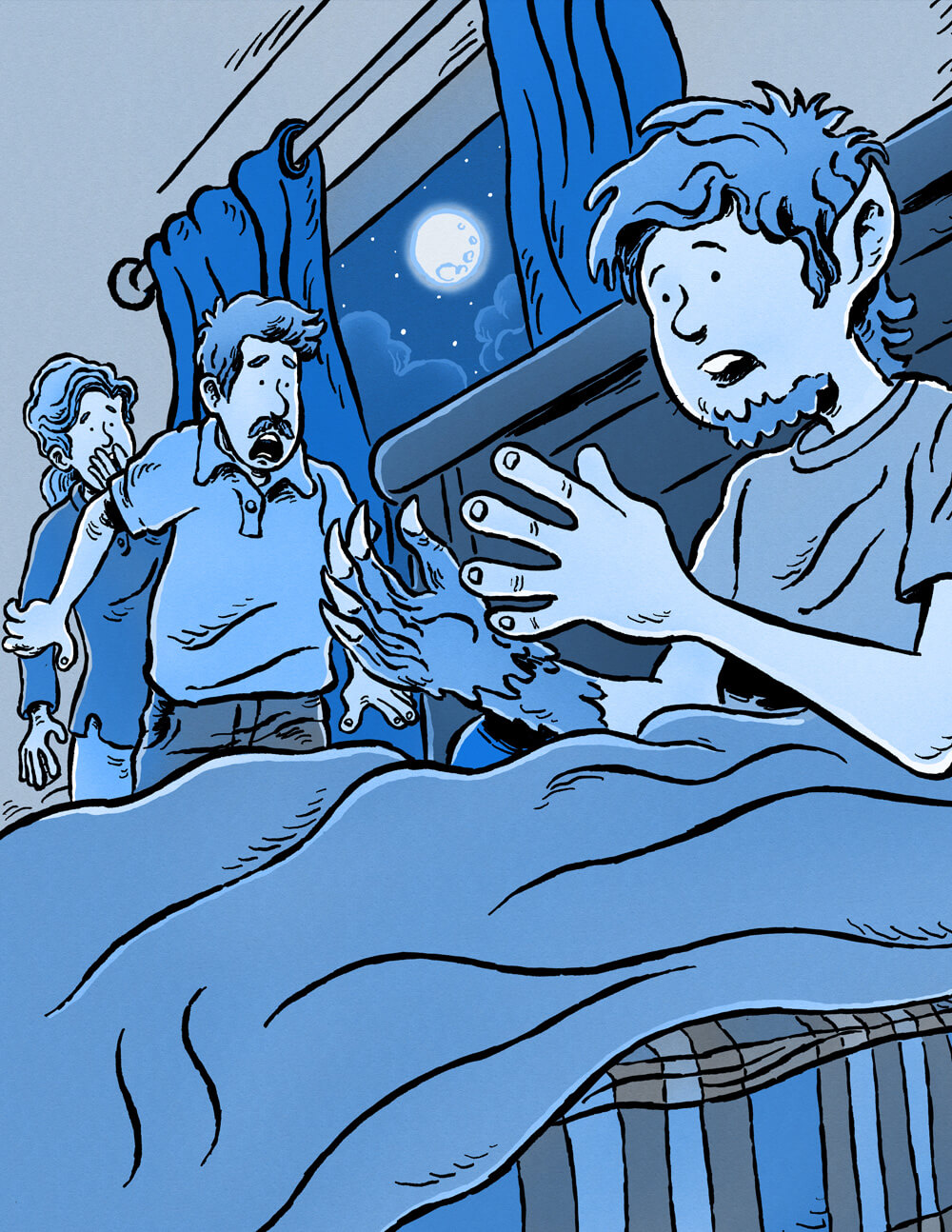 Teen wolf in bed transforming during first full moon as surprised parents walk in.