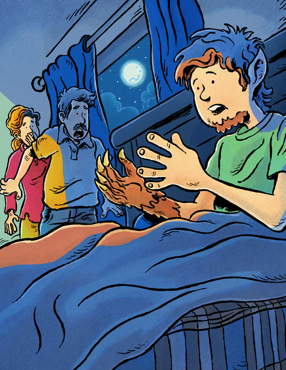 Teen wolf sitting up in his bed changing into a werewolf for the very frist full moon expeience and his parents walking in on him.