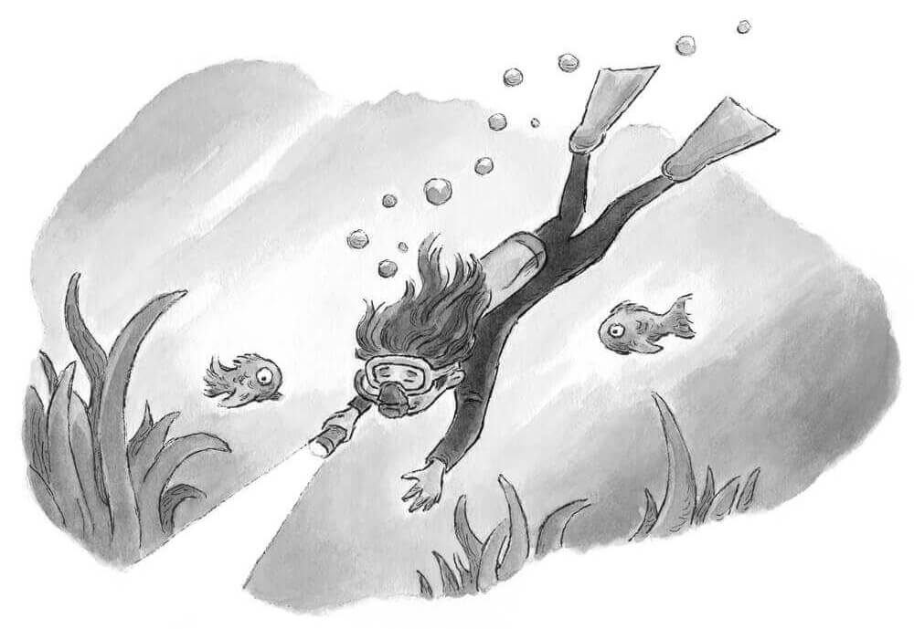 Scuba diving girl illustration with flashlight by Tom Shannon.