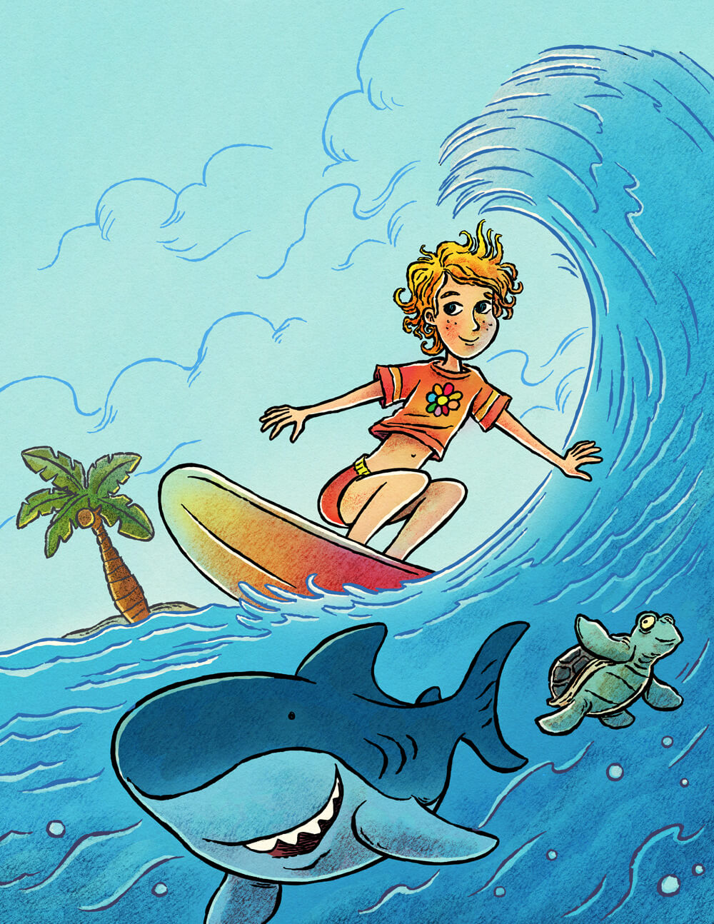 Cartoon illustration of a girl surfing a wave with a friendly shark and turtle swimming nearby, by Tom Shannon.