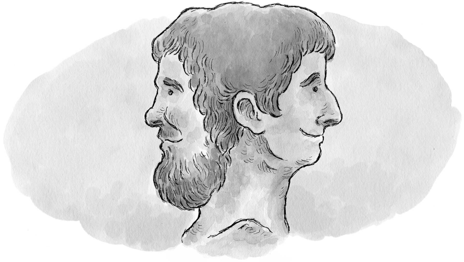 Illustration of a smiling monkey and alligator facing each other