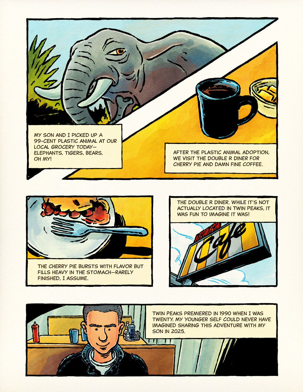 One-page comic illustrating a father and son's bonding trip to Twin Peaks, featuring outdoor scenery and heartfelt moments.