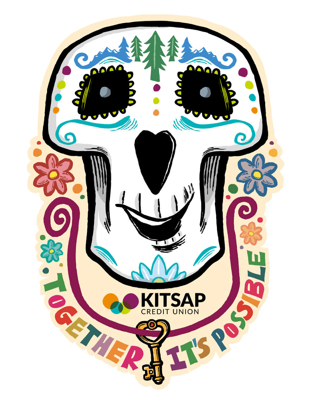Colorful sugar skull sticker design with decorative floral and geometric elements